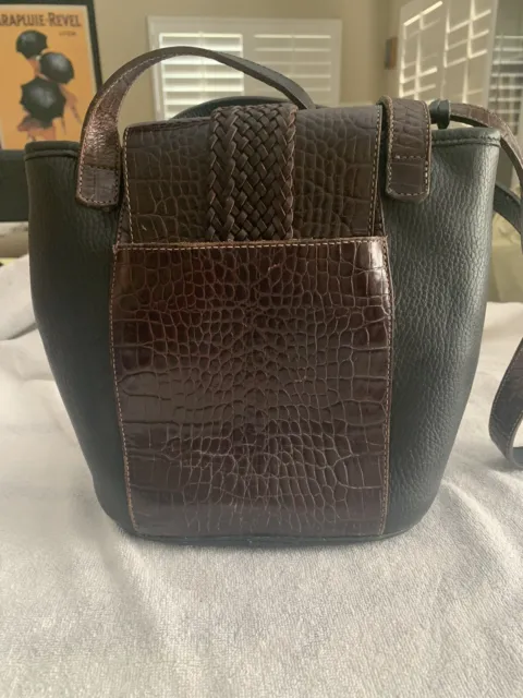 Vintage Brighton Crossbody Bucket Bag Croc Embossed Brown Black Leather Purse 4