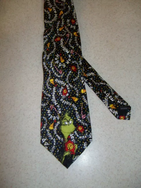 Vintage 90s Dr. Seuss Wear  The Grinch New Years Theme Tie Necktie Holiday 1997
