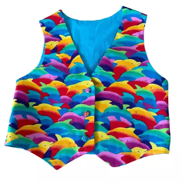 Childrens Size 9/10 Dolphin Vest Multi Color Handmade Fish Buttons Ocean Theme