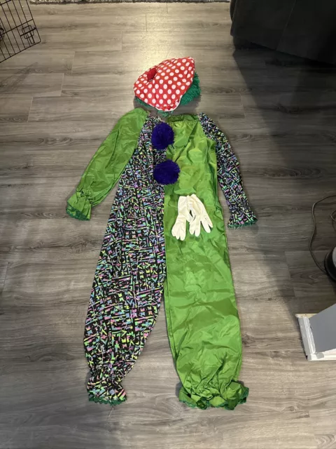 Vintage Clown Costume Jumpsuit And Wig Hat  Adult One Size Fits All With Gloves