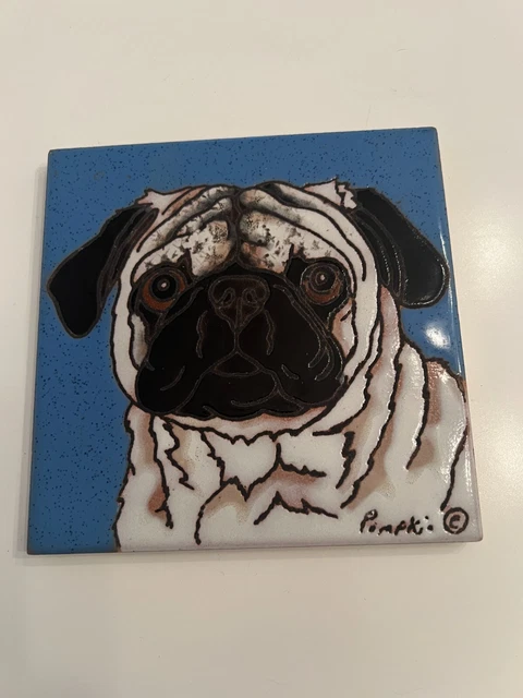Pug Dog tile Fawn - Hand Painted by Pumpkin Tile  6 x 6"