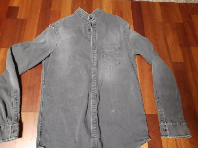 Pierre Balmain Made In Italy Grey Distressed Denim Button Up Shirt Front Pocket 3