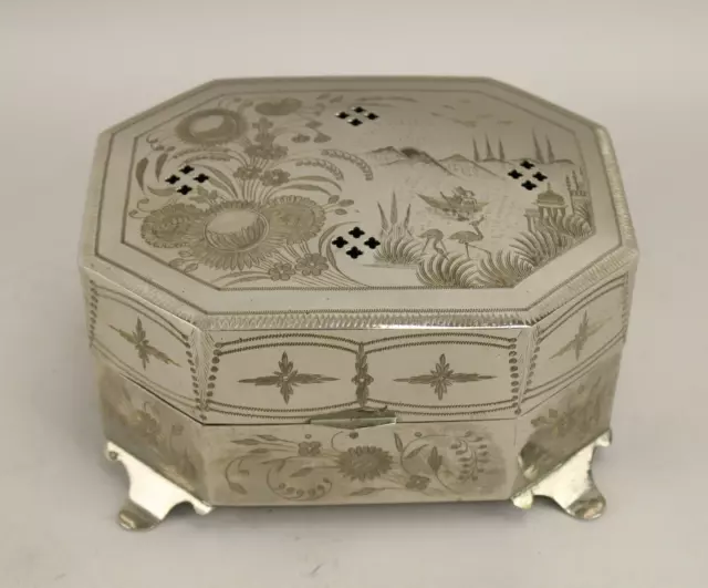 Ornate VTG Fred Zimbalist Thorens Music Jewelry Box Etched Silver Plate India