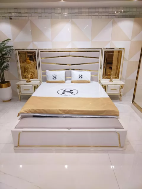 Luxe Chambre à Coucher Set Lit + 2x Nachttische Bois Complet Moderne or Neuf