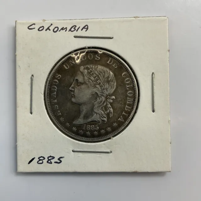 Colombia 1882 "CINCO" (5) Decimos .835 Silver - Medellin Mint Coin