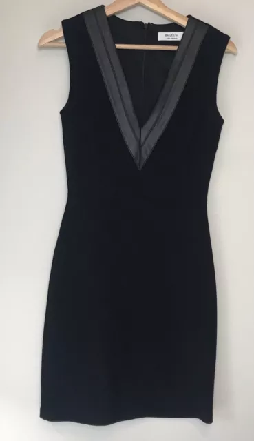 BAILEY 44 Anthropologie Black Sheath Dress Size X-Small Faux Leather Neckline