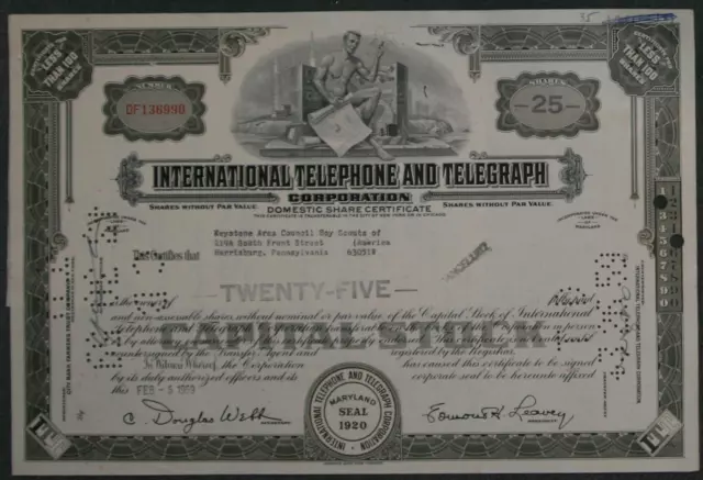 International Telephone and Telegraph Corporation 1959 25 Shares Domestic
