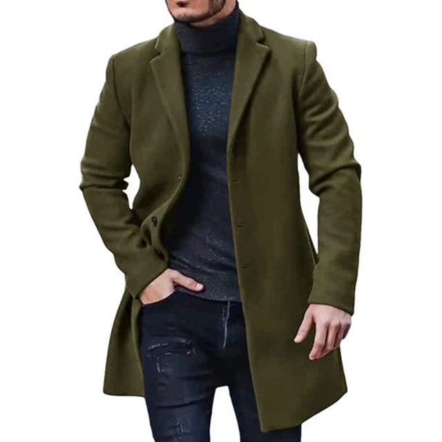 Mens Woolen Trench Coat Winter Long Jacket Lapel Overcoat Fomal Button Outwear 3
