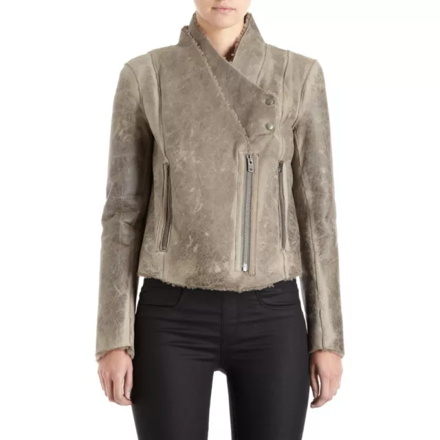 Helmut Lang Weathered Leather Shearling Moto Jacket Coat Size M