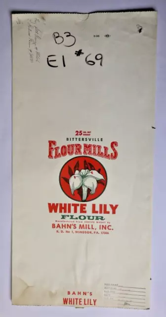 X LARGE Vintage Paper Sack Bag - WHITE LILY FLOUR, BAHN'S MILL, WINDSOR PA  1986
