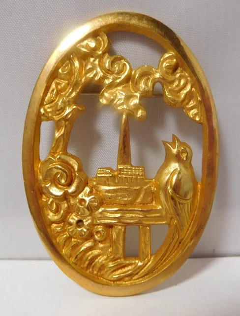 Broche Ancienne Art Déco / Nouveau En Plaqué Or 18k | Créateur LMJ | Motif Oiseau | Occasion