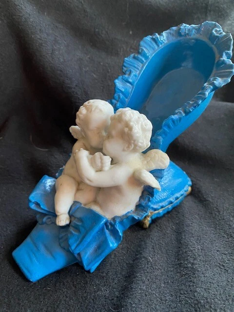 Antique Vintage German Blue Victorian Shoe with White Cherubs Porcelain
