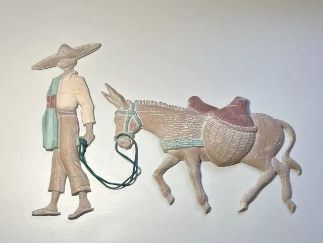 VTG Western Folk Art Donkey Burro Mexican Villager Man Metal Wall Decor Sombrero