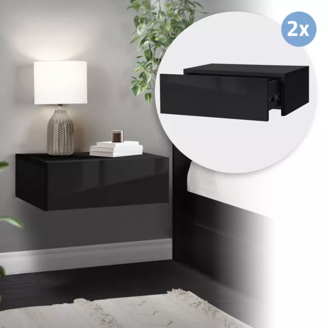 2x Table de nuit suspendue avec tiroir armoire de chevet moderne noir brillant