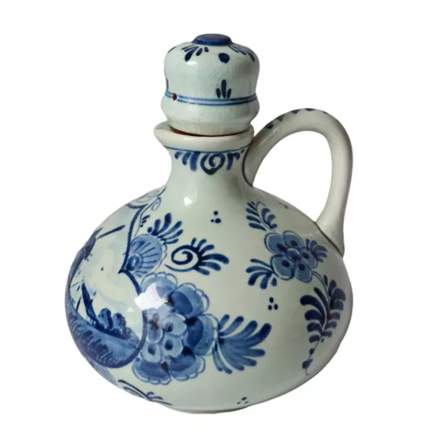 Vintage Delft Blauw Erven Lucas Bols Bulbous Handled Jug Blue Windmill Flowers