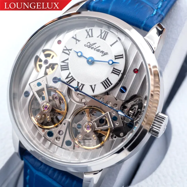 Mens Double Flywheel Automatic Mechanical Watch Silver White Dial Blue Leather