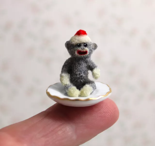 Original OOAK Mini Miniature Dollhouse flocked Sock Monkey on Plate N Woolmer