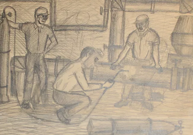 Vintage pencil drawing socialist realism workers portrait figures