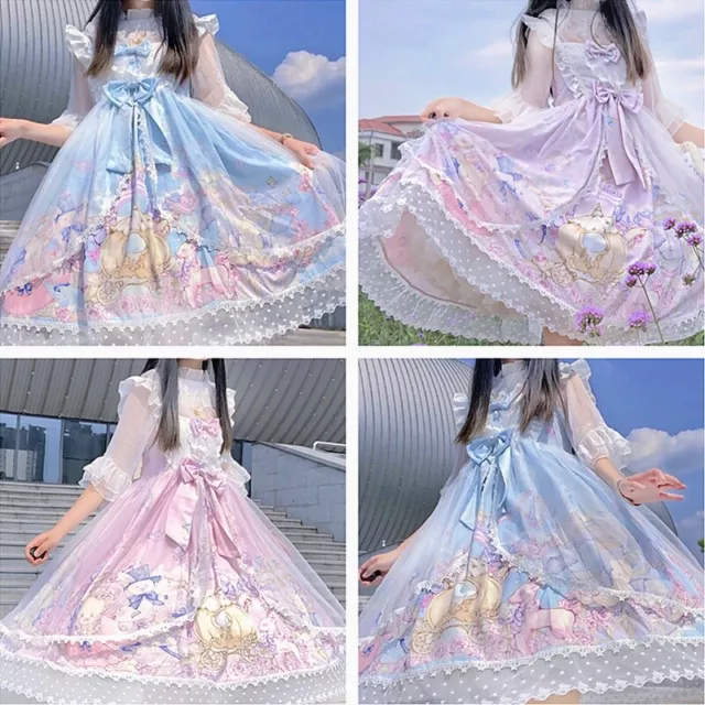 Lolita Abito Pizzo a Rete Balze senza Maniche Cartoon Giapponese Cosplay Carino