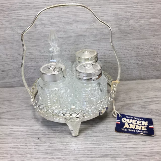 Vintage Queen Anne silver plated glass cruet condiment set Salt Pepper Retro 70s