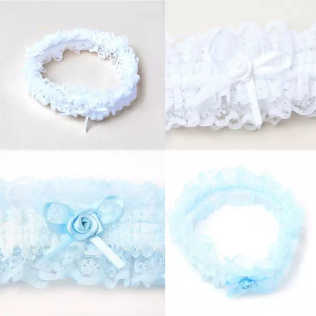 Bridal Lace Garter Satin Ribbon Bow Wedding Hen Party Off White Pastel Blue