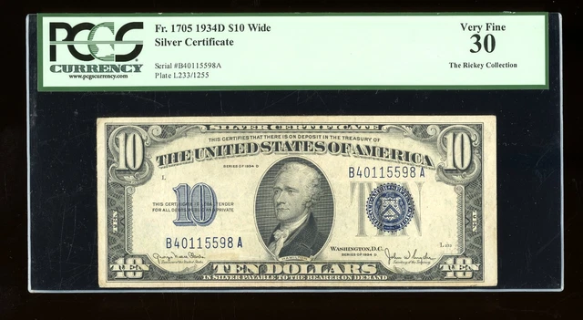 DBR 1934-D $10 Silver Wide Fr. 1705W PCGS 30 Serial B40115598A