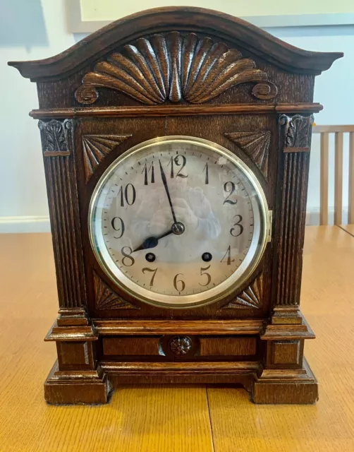 1910 Beautiful Antique Lenzkirch Very Large Mantel Clock Carved Solid Oak + Key 3