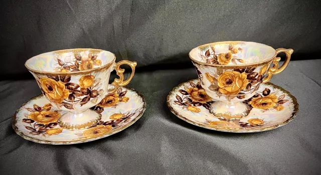 Royal Sealy China Japan Iridescent Set Of 2 Teacup And Saucer Gold/Sepia Roses