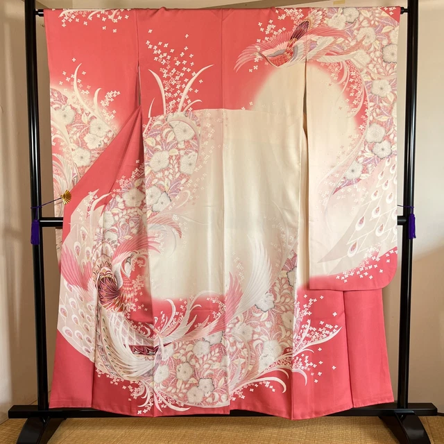 K3011351 Japanese Kimono Silk Furisode peacock Pink Embroidery
