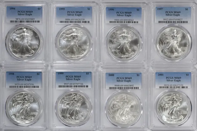 1986-2024 American Silver Eagles Complete 40 - Coin Set Each Graded PCGS MS69 3