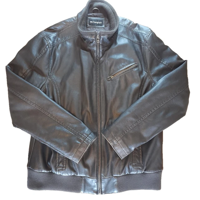 M & S Mens Faux Leather Jacket Black Large Bomber Zip Pocket Lined Autograph