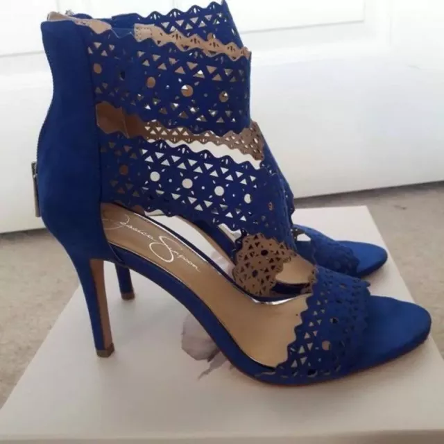 JESSICA SIMPSON  Cobalt Blue Eyelet Suede Open Toe Sileto Heels Women’s- Size 8M