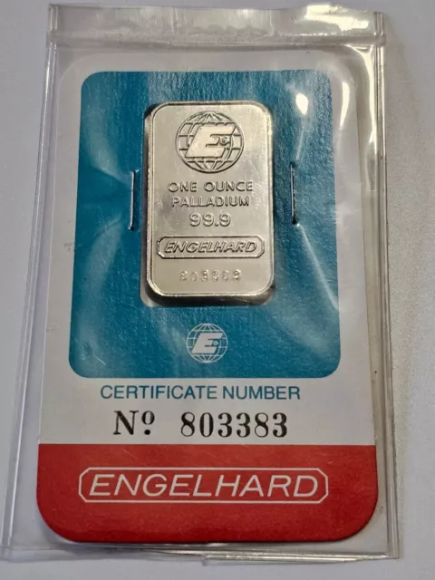 Vintage One Ounce 1 Oz Palladium Engelhard Bar In Original Packaging