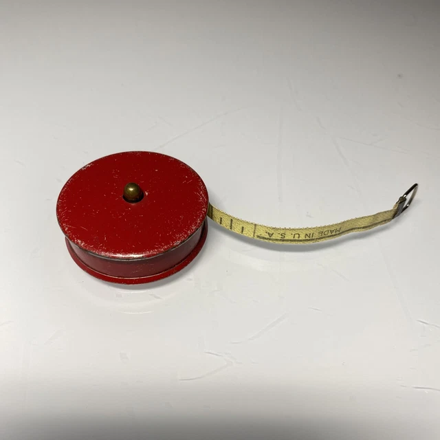 VINTAGE RED REEL Cloth Tape Measure Metal Case Made In USA 9.00 PicClick