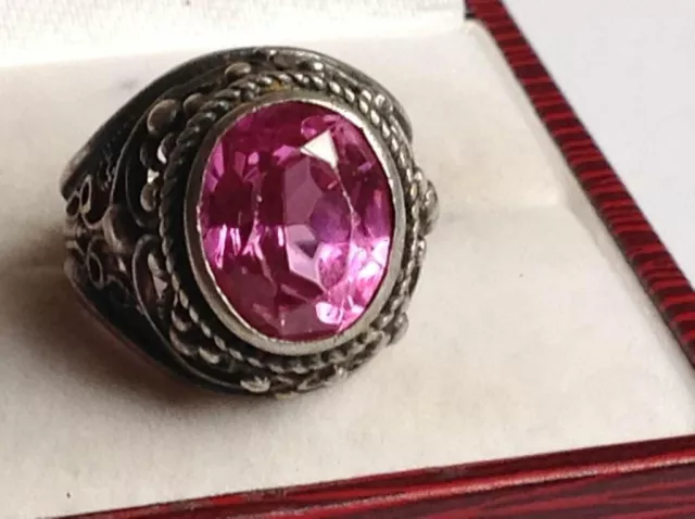Big Antique Soviet Russian Etched Ring Sterling Silver 875 Ruby Men's Size 6