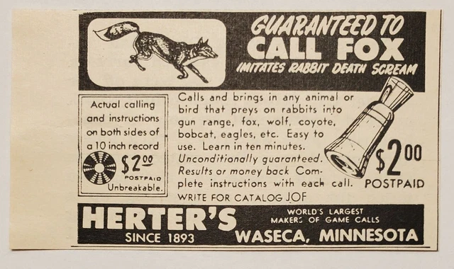 1954 Print Ad Herter's Fox Game Calls Made in Waseca,Minnesota