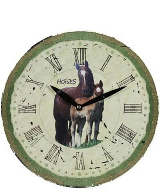 Horloge murale ronde en bois peint Horses
