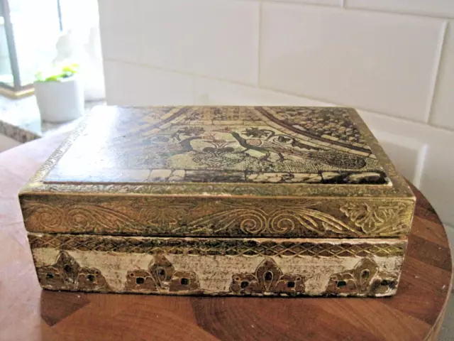 Shabby Vintage Florentine Wood Box Jewelry Trinket Bird Motif Hinged Lid Italy