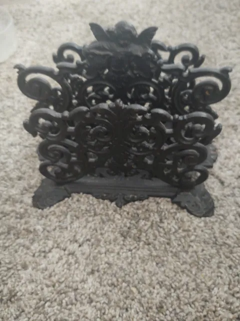 VNTG Marked Art Nouveau Black Cast Iron Cherub Ornate Letter/Napkin Holder