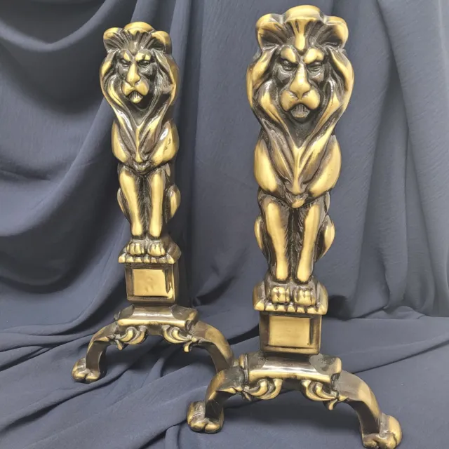 Pair Of Lion Andirons Fire Dogs Patinated Brass Luxury Figural Statue 16.5" Tall