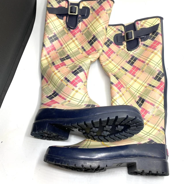 SPERRY Top-Sider Pink Navy Plaid Lined RAIN BOOTS 'Pelican' Sz 8