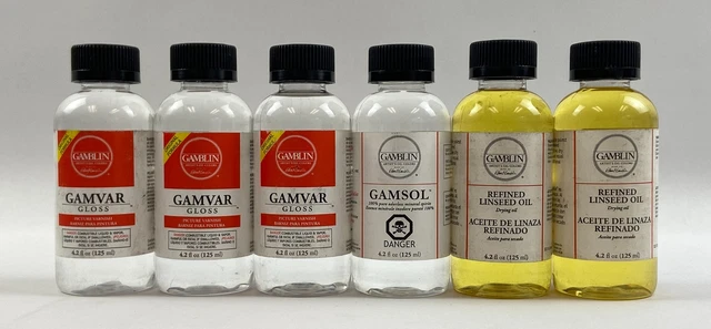 Gamblin Picture Varnish Gloss/ Mineral Spirits/ Linseed Drying Oil Lot of 6 Gamblin Picture Varnish Gloss/ Mineral Spirits/ Linseed Drying Oil Lot of 6
