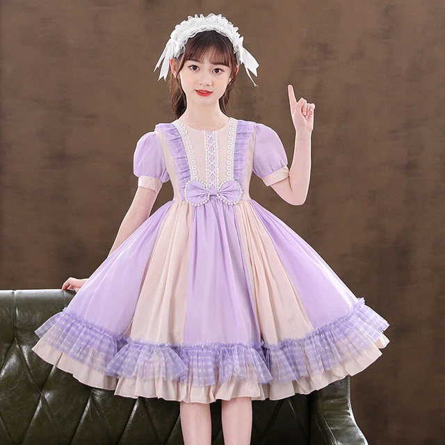 Bambino Manica Corta Abito Festa Matrimonio Lolita a Balze Arco Swing Patchwork