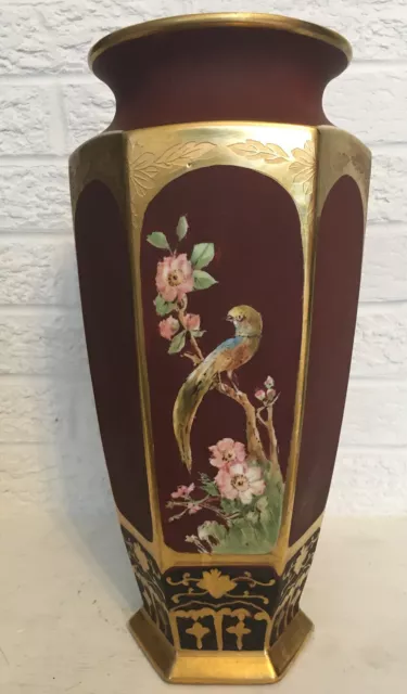 Beautiful Antique B& Co Limoges Birds Porcelain Vase Maroon w/ Gilt Rim H 15”