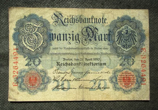 OLD BANKNOTE OF GERMANY (EMPIRE) 20 MARK 1910 BERLIN Nr E3264491 RED SEAL