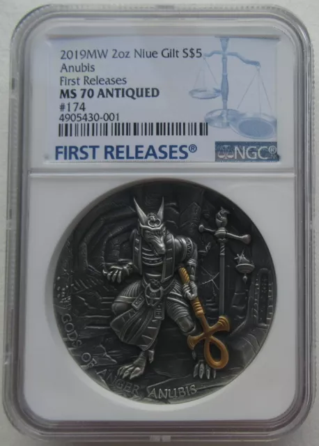 NGC MS70 Niue 2019 Anubis Gods of Anger High Relief Antiqued Silver Coin 2oz COA