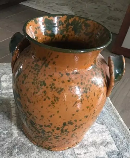 Speckled Jug Vase Brown Ceramic Handle Crock Farmhouse Rustic Large * READ