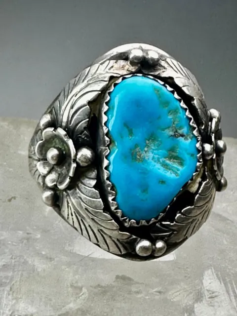 Navajo Turquoise ring squash blossom leaves band size 9.75 sterling silver women