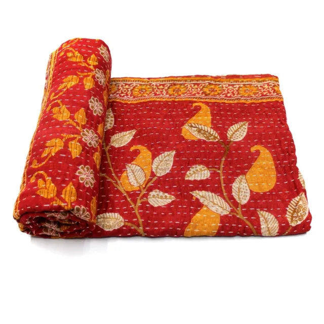 Vintage Kantha edredón indio hecho a mano algodón sari tiro cubierta manta f