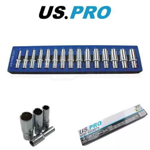 US PRO Tools 15 Stck. 1/2"" Dr 12 Punkt tiefe Steckdosen im Schaumstofftablett 10 - 24 mm 3427